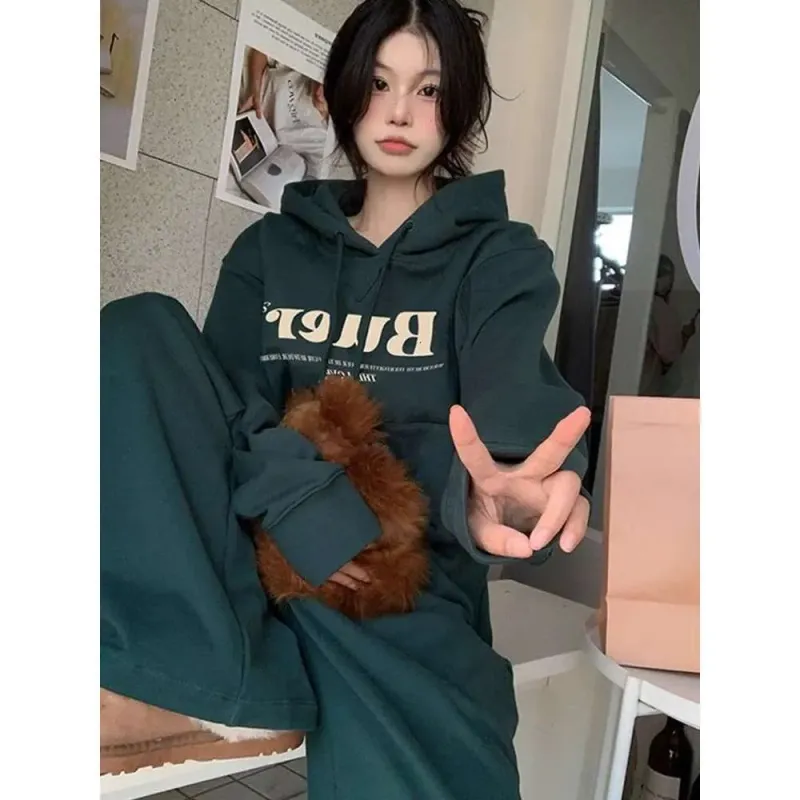 Ensemble deux pièces tendance pour femme : sweat à capuche à lettres style américain, pantalon large et ample, coupe décontractée._voghion.com