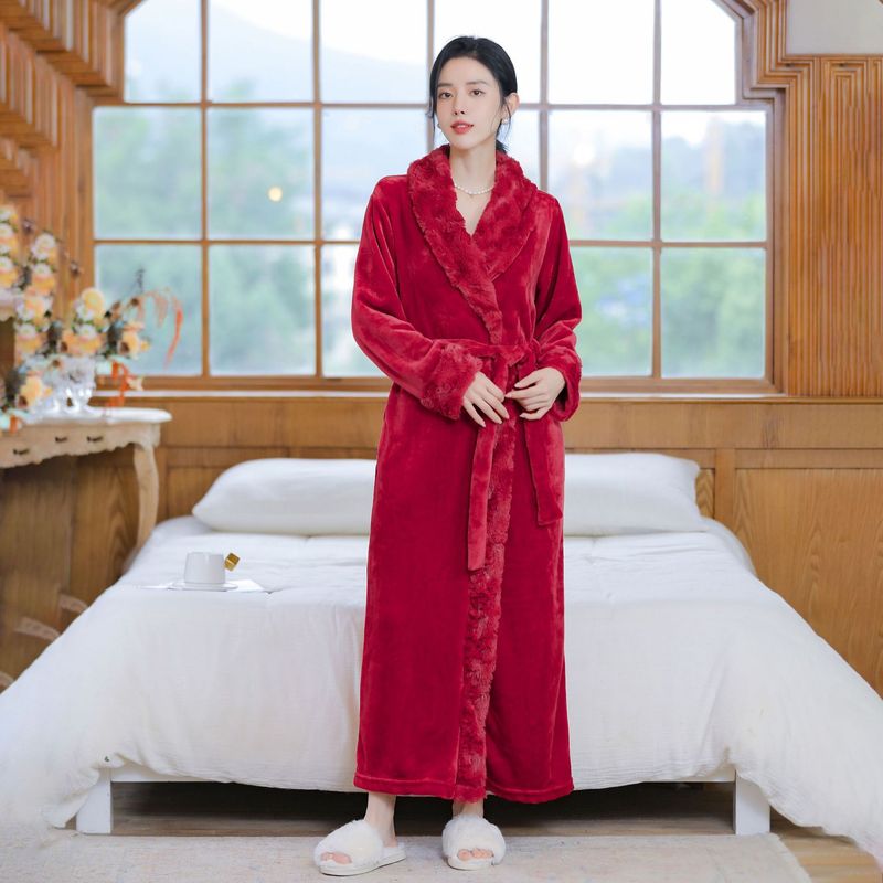 Flannel Splicing Long Lapel Long-sleeved Nightgown Warm And Comfortable Loungewear Women's Pajamas_voghion.com