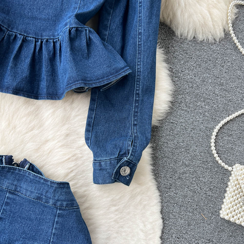 Women's Lace Doll Collar Denim Jacket + Medium-length Hip Skirt Two-piece Suit_voghion.com