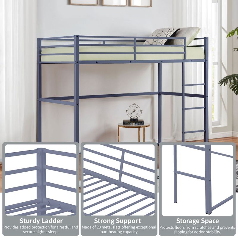 Metal Loft Bed Full Size, Loft Bed Frame With Safety Guard Rails & Flat Ladder, Twin Loft Bed For Kids Teens Adults, Gray_voghion.com