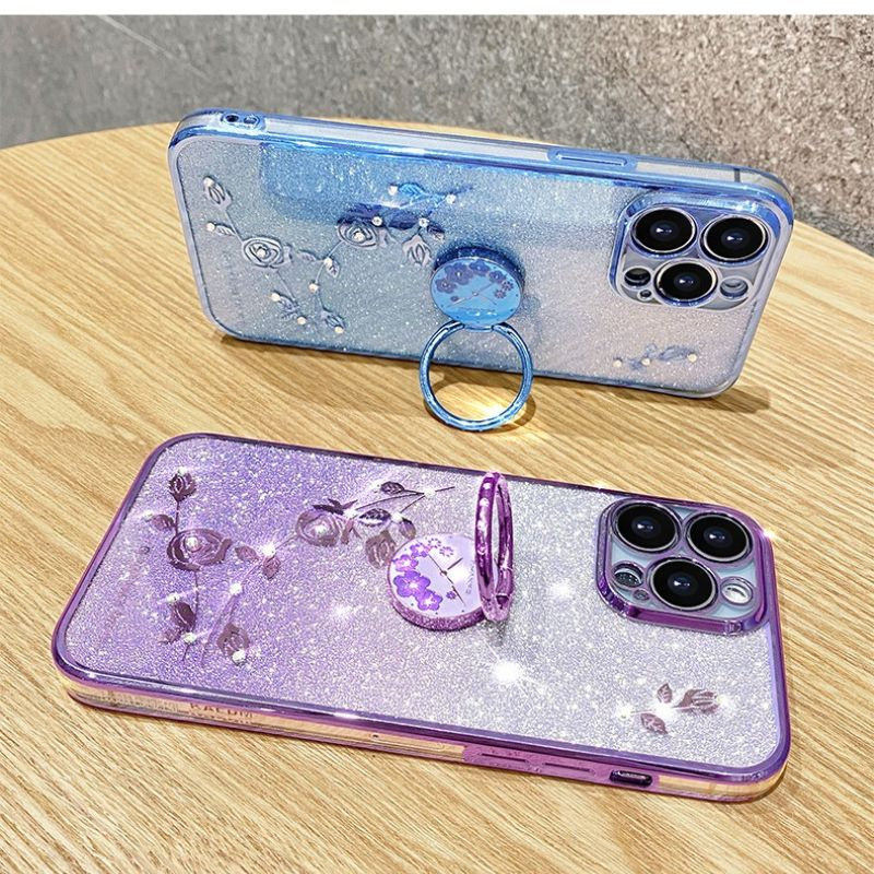 For iPhone 14 Pro Max Case Luxury Glitter Plated Grip Tok Ring Holder Floral Cover for iPhone 11 12 13 mini 7 8 Plus XS Max XR X_voghion.com
