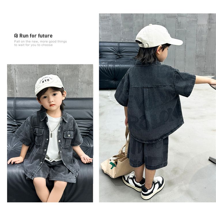 Vêtements pour enfants Costume d'été en denim à manches courtes pour garçons 2024 été nouveau costume deux pièces décontracté pour bébé de petite et moyenne taille tendance mince_voghion.com