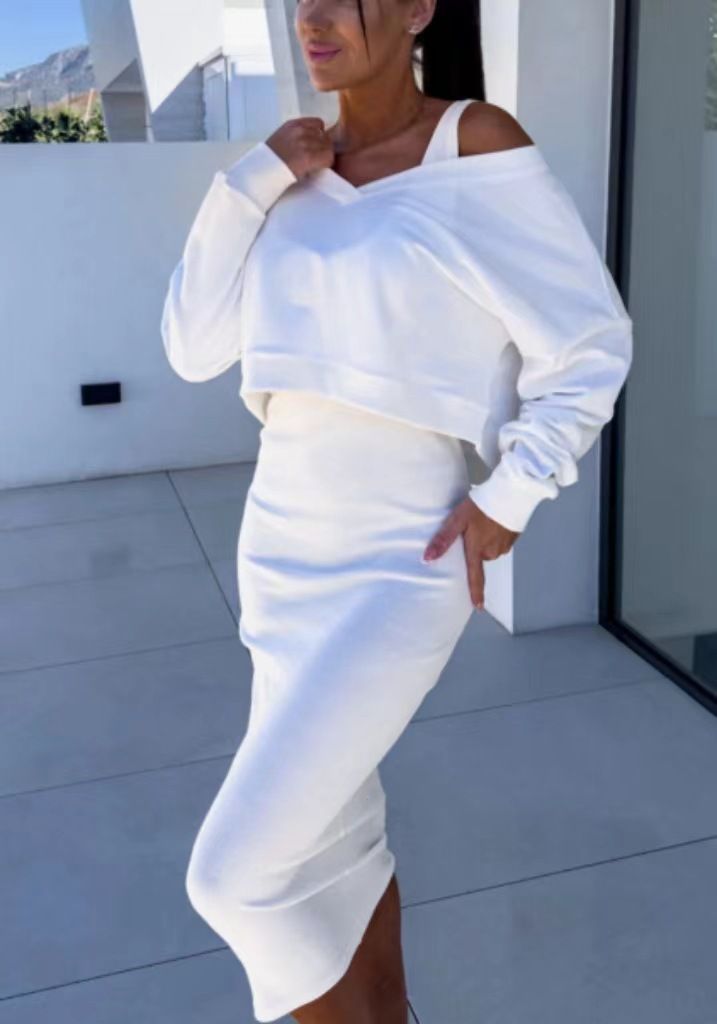 New Spring And Autumn Two-Piece Women's Vest Dress V-Neck Sweatshirt Knitwear Set_voghion.com