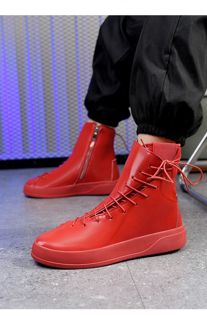 Autumn/winter New Men's Board Shoes 2024 European Station Large Martin Boots Strap Bright High Top Leather Boots Thick Bottom Motorcycle Boots_voghion.com
