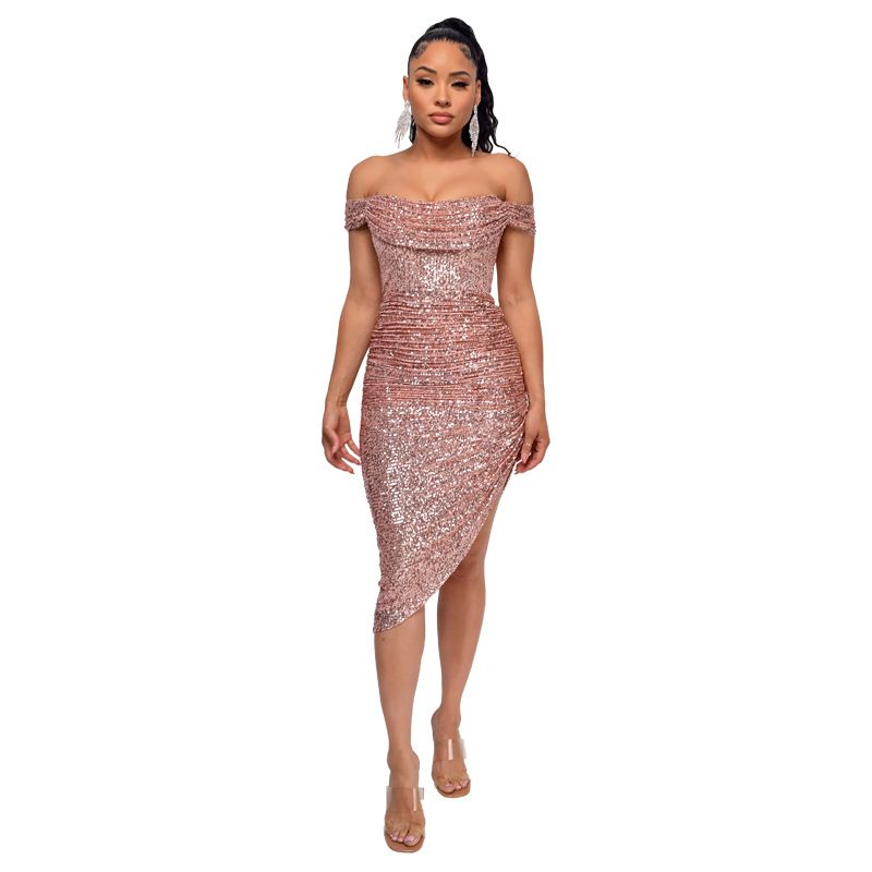 Verve Women's Summer Sequin Side Slit Gown French Off-Shoulder Bodycon Dress_voghion.com
