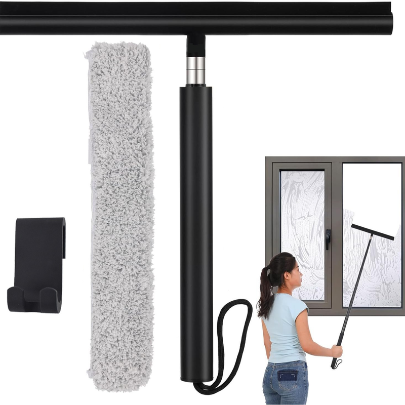 Limpiador de ducha telescópico negro para puertas de vidrio, paredes de ducha con azulejos y baños - 117 cm - Incluye gancho de succión, ideal para vidrios de ducha_voghion.com