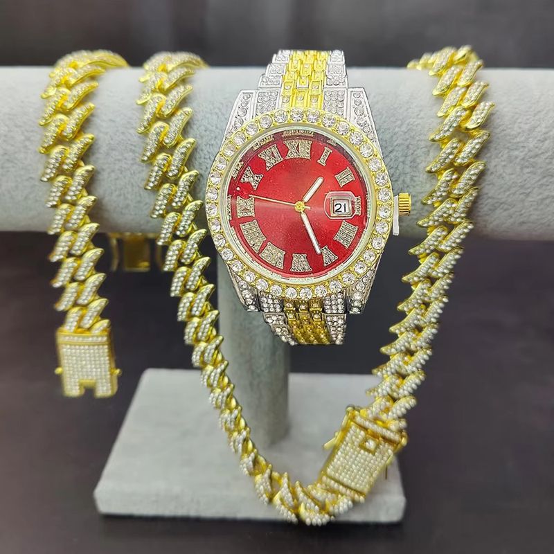 Hip Hop Quartz Men's Watch With Cuban Link Bracelet & Necklace Set - Stylish Square Dial Alloy Wristwatch For Men_voghion.com
