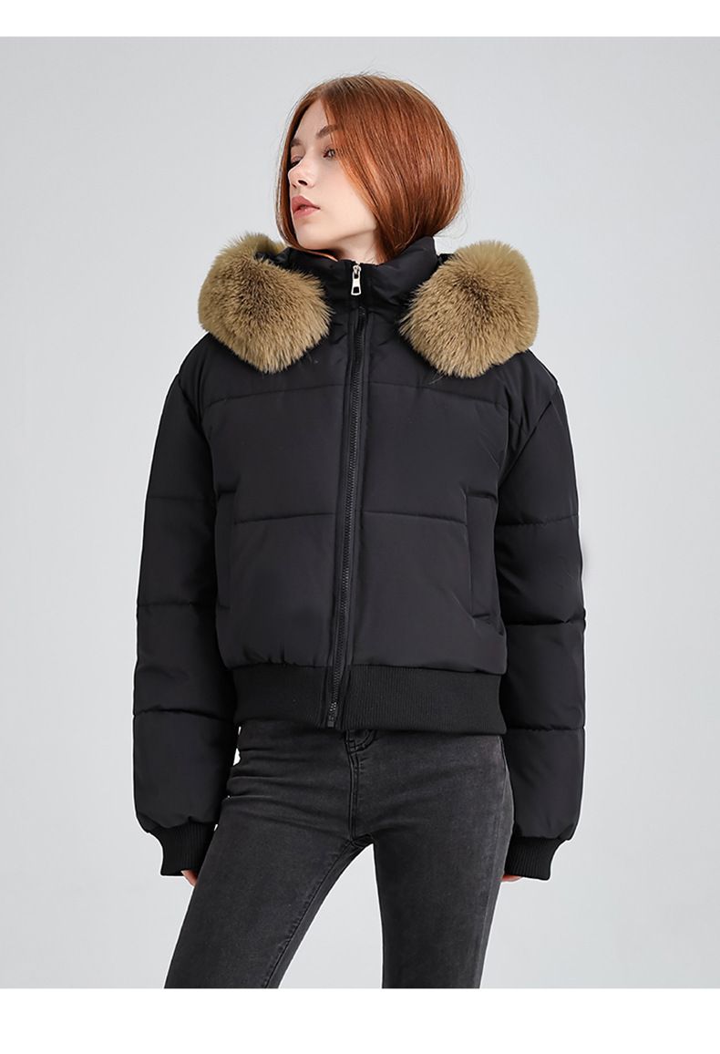 Women's Short Puffer Jacket With Rabbit Fur Hood - Stylish Winter Coat With Waist Drawstring, Quilted Polyester Outerwear For Cold Weather_voghion.com