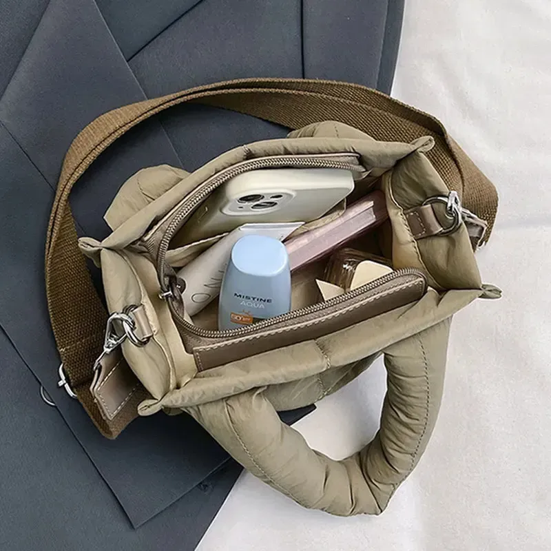 Borsa a tracolla imbottita in cotone intrecciato da donna, elegante borsa a tracolla in nylon con pochette_voghion.com