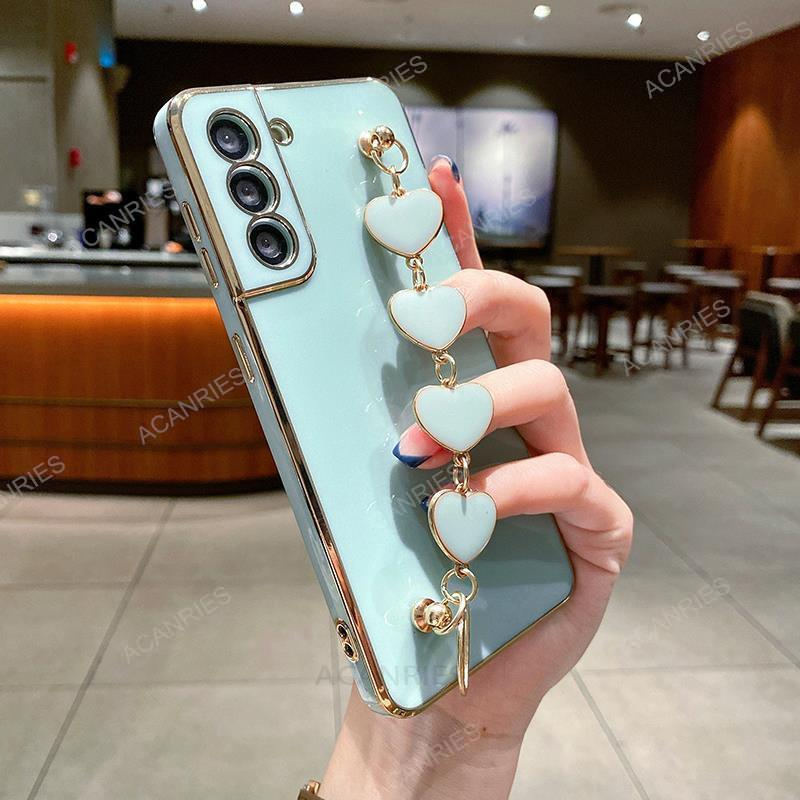 Custodia a catena con braccialetto a cuore d'amore placcatura di lusso per Samsung Galaxy S22 Plus Ultra S21 S20 FE 5g 2022 Cover a fascia su S 22_voghion.com