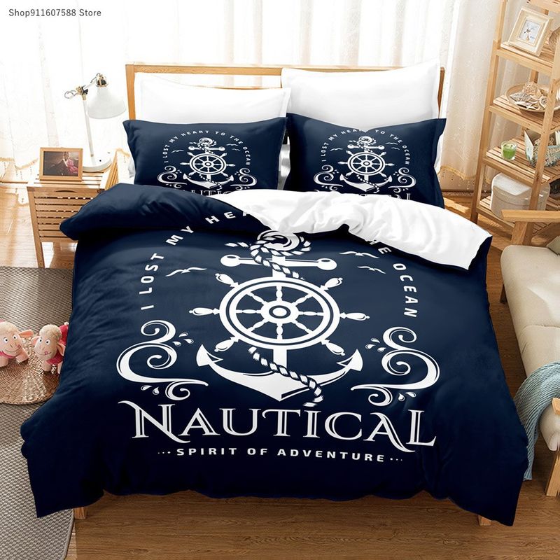 Anker und weiße Streifen 3D gedruckt Marineblau Quilt dreiteiliges Bettwäsche-Set individuell_voghion.com