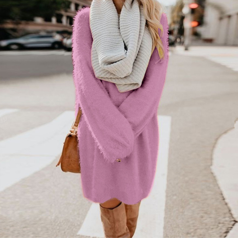 Robe ample en peluche mi-longue à manches longues et col rond pour femme automne/hiver 2023_voghion.com
