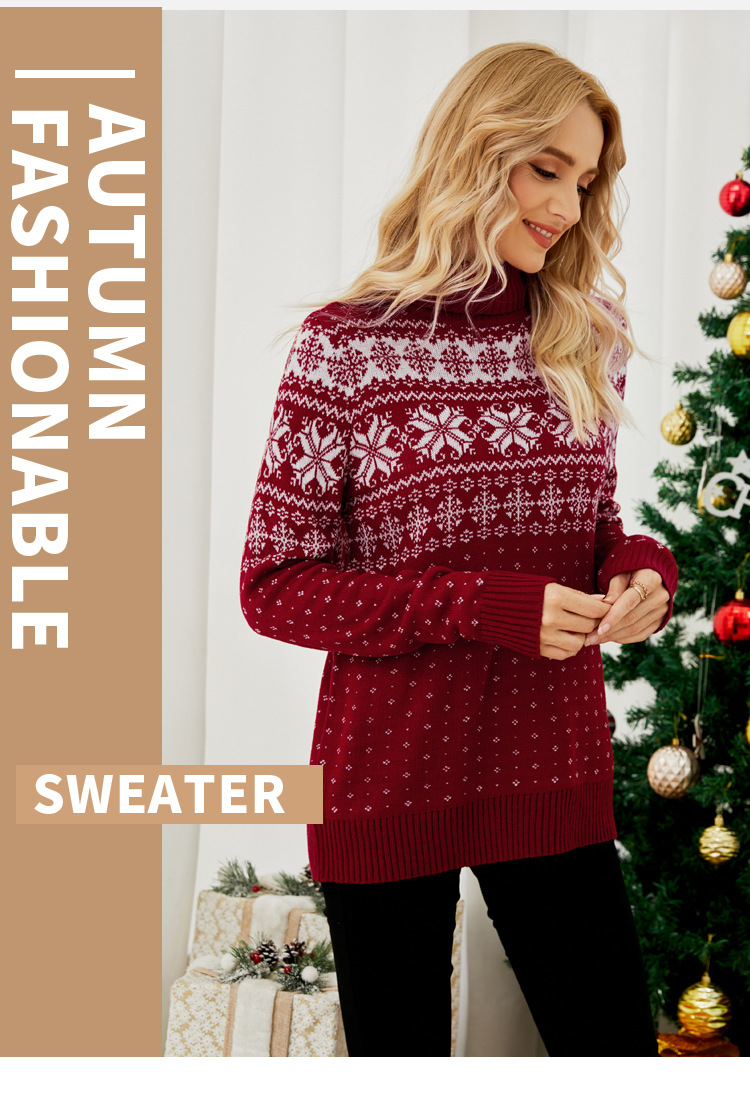 Weihnachtspullover für Damen mit Rollkragen, langärmelig, Schneepullover_voghion.com