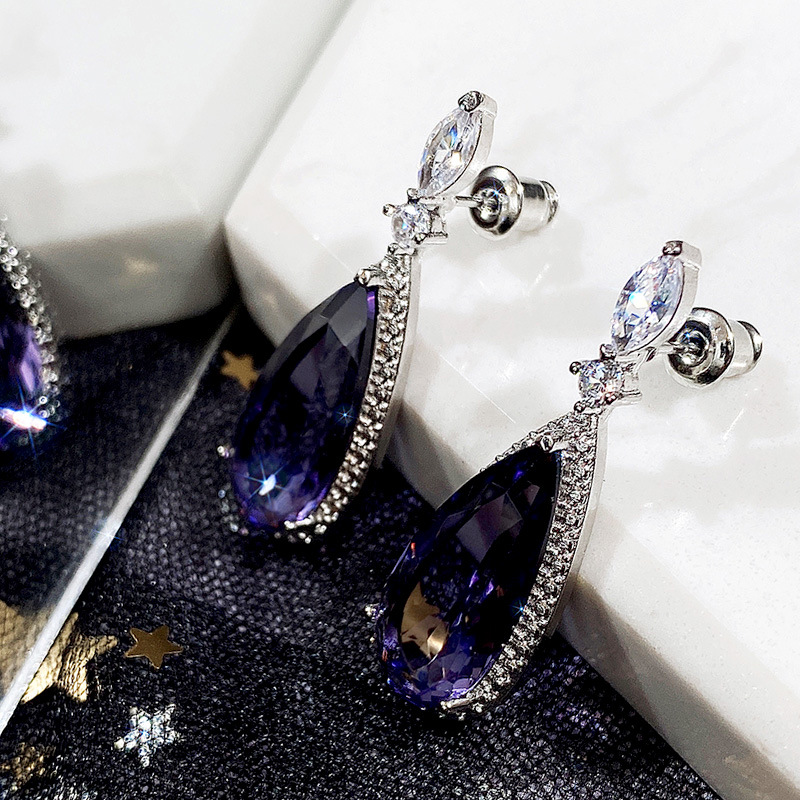 Cao Shi classic water drop earrings inlaid with purple zircon long earrings, bridal earrings, dinner accessories_voghion.com