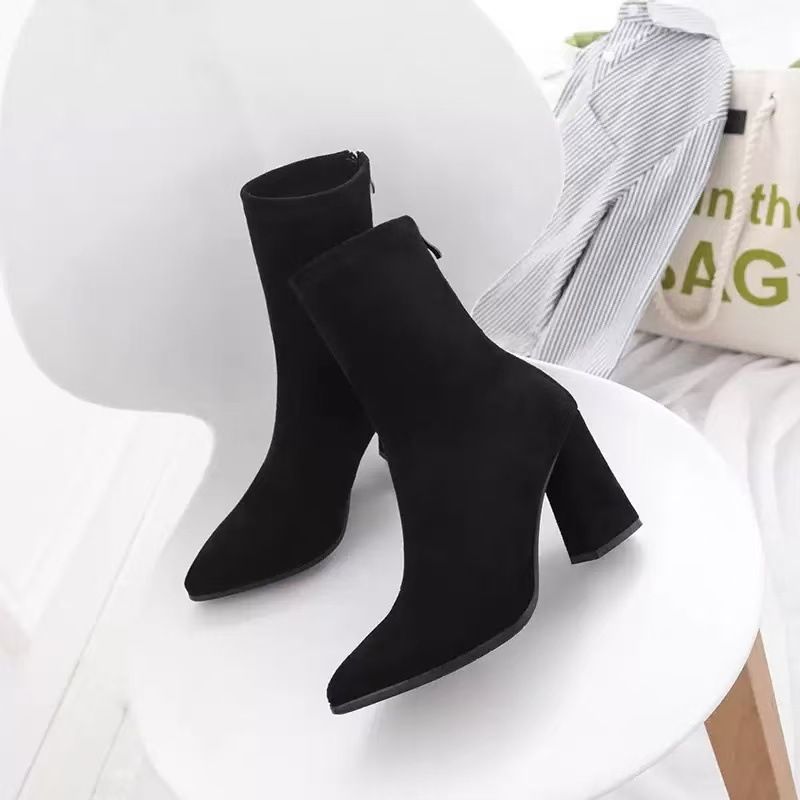 2025 Autumn Winter New Thick Pointed Toe Suede Short Women High Heel Stretch Slim Fashion Boots_voghion.com