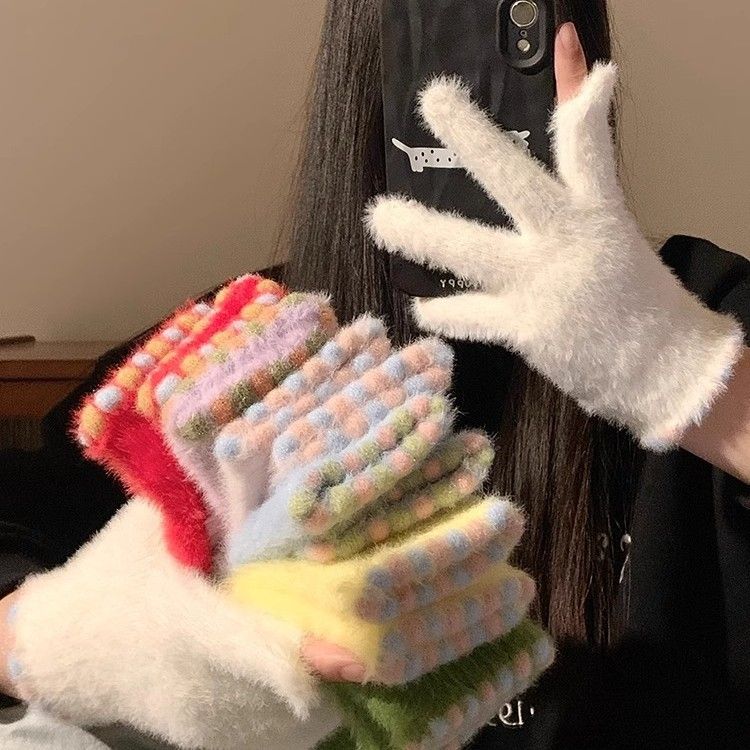 Süße Candy Bean Dew Touchscreen Fünffingerhandschuhe für Damen im Winter, warm und dick aus Plüsch, für Radsportlerinnen_voghion.com