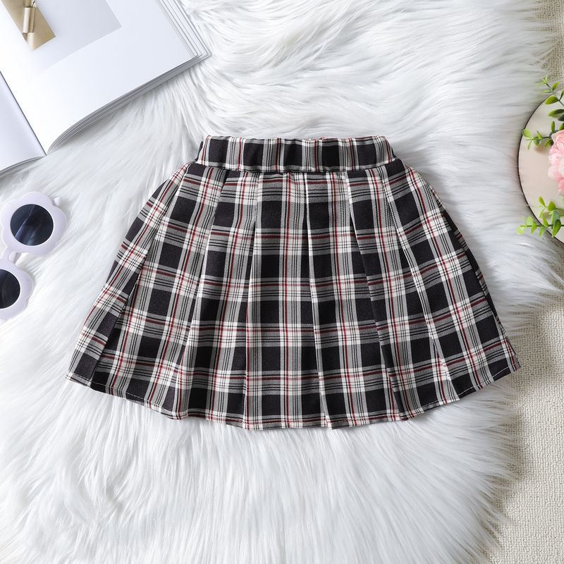 2024 Summer New Small and Medium School Children's with Bubble Sleeves, Pit Striped Top, Checkered Hundred pleats Short_voghion.com