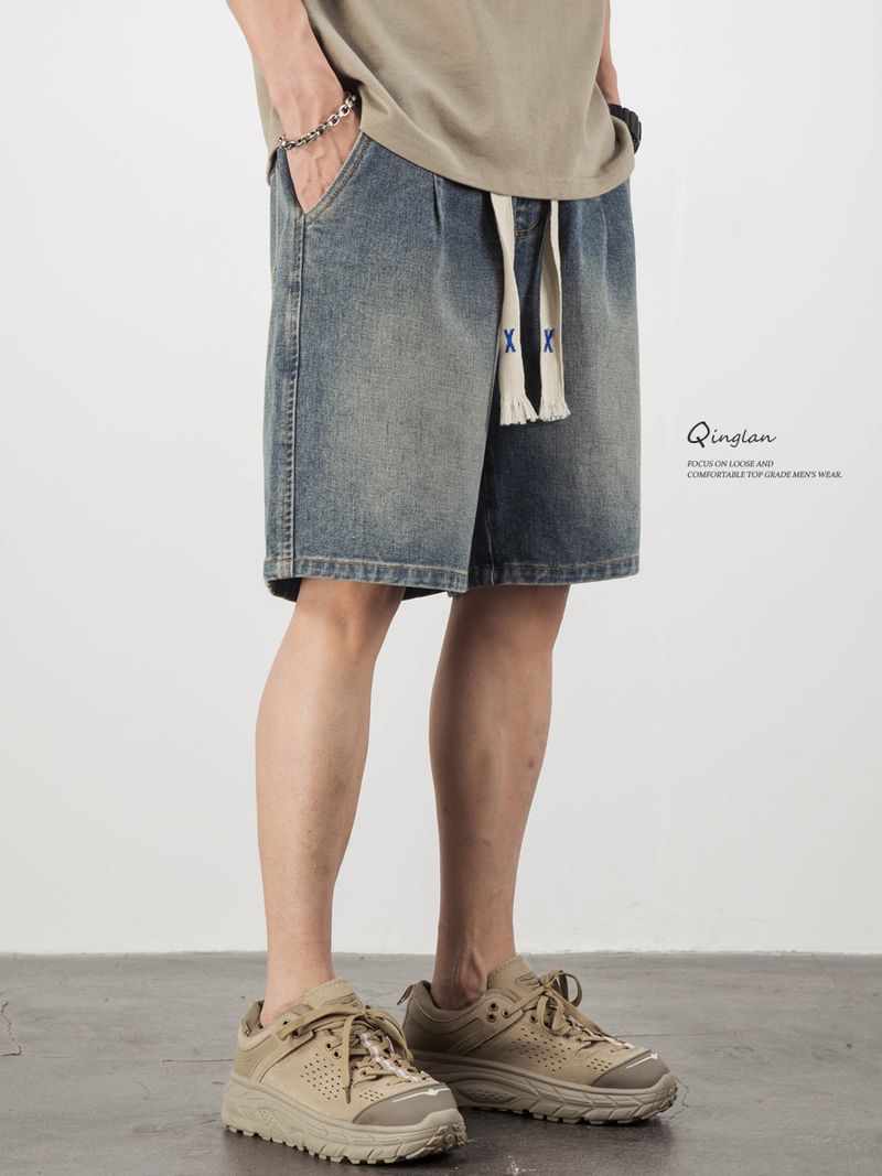 Men’s Distressed Denim Shorts – Retro Washed Elastic Waist 5-Inch Inseam, Loose Fit Streetwear For Summer (Light Blue, Sizes M-3XL)_voghion.com