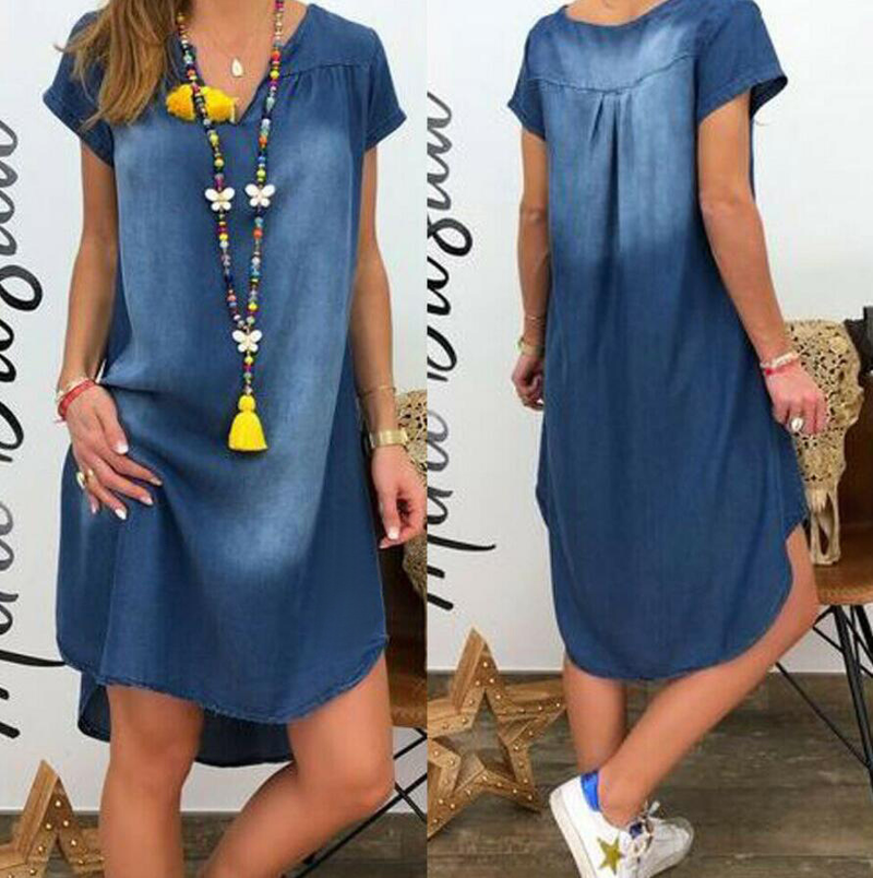 Lässiges, einfarbiges, kurzärmeliges Jeanskleid mit V-Ausschnitt für Damen_voghion.com