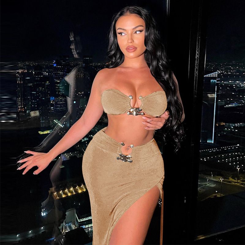 Women's Fashion 2023 Autumn Winter New Sexy Crop Patchwork Tube Top Mature Style Slit Bodycon Skirt Set For Women_voghion.com