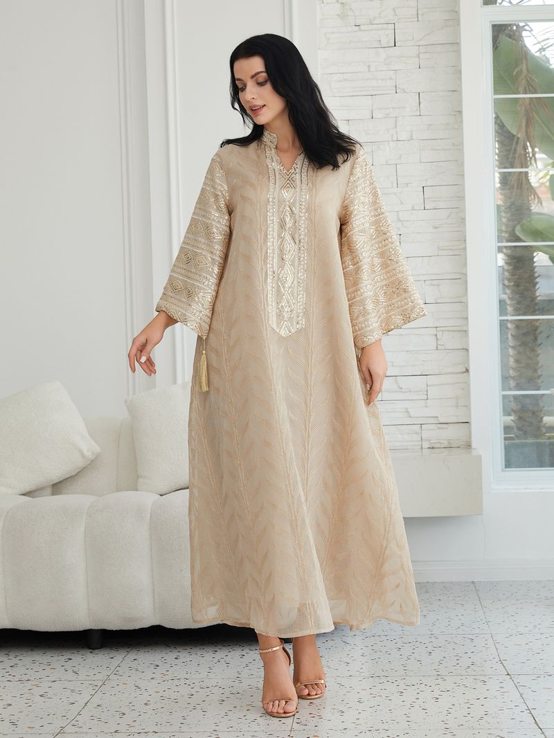 Elegantes nahöstliches muslimisches Abaya-Kleid mit bestickten Perlen und Spitzenbesatz – schlichtes langärmeliges Maxikleid für Frauen_voghion.com