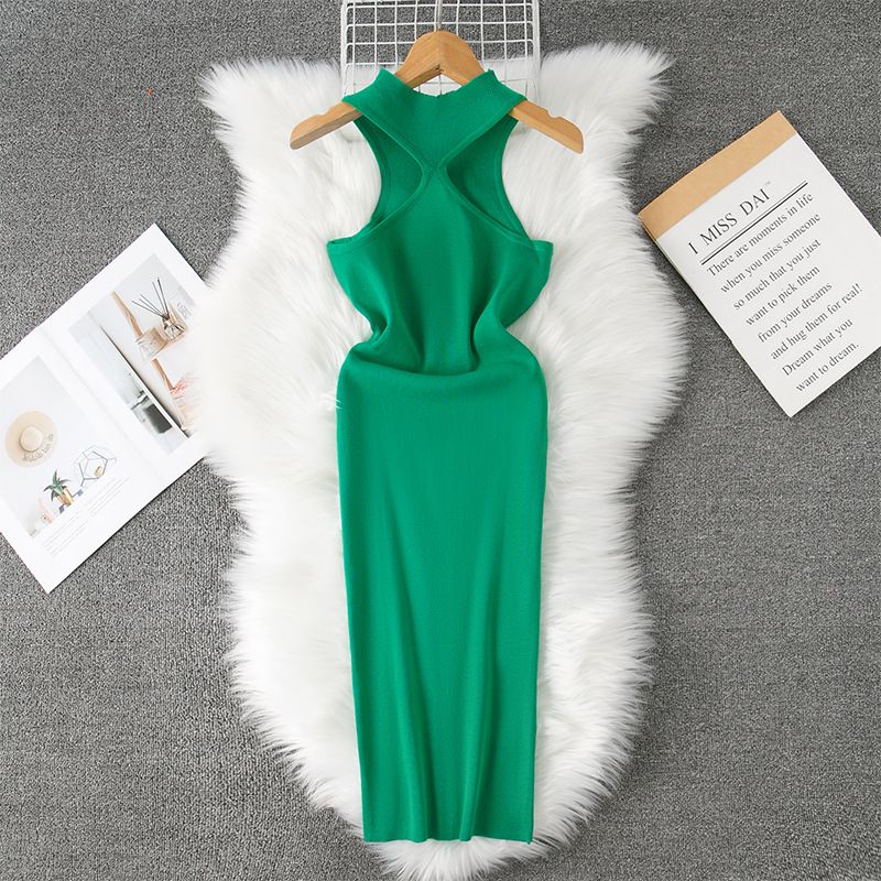 Slim Fit Off Shoulder Bodycon Dress - Sexy Sleeveless Knitted High Waist Dress For Women, Stretchy & Breathable Fabric, Elegant & Stylish_voghion.com