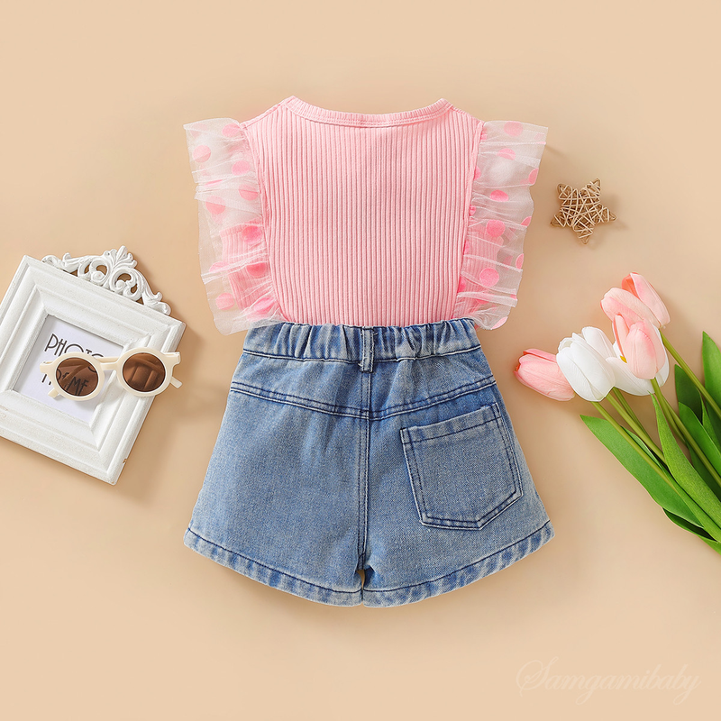 Abbigliamento per bambini Ragazze estive per bambini Pantaloncini in denim ricamati con top in pizzo a rete per ragazze_voghion.com