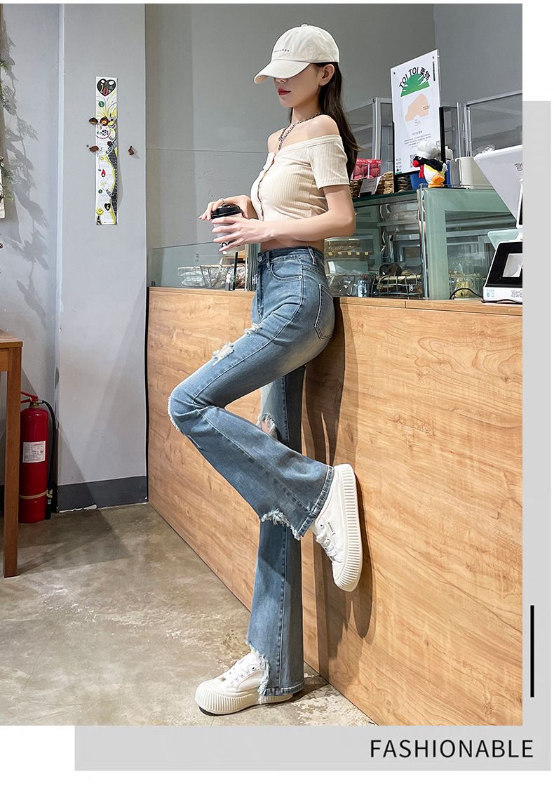 Women's clothing ripped denim bell bottom pants for women spring and summer new elastic small size nine points bell bottom pants trousers_voghion.com