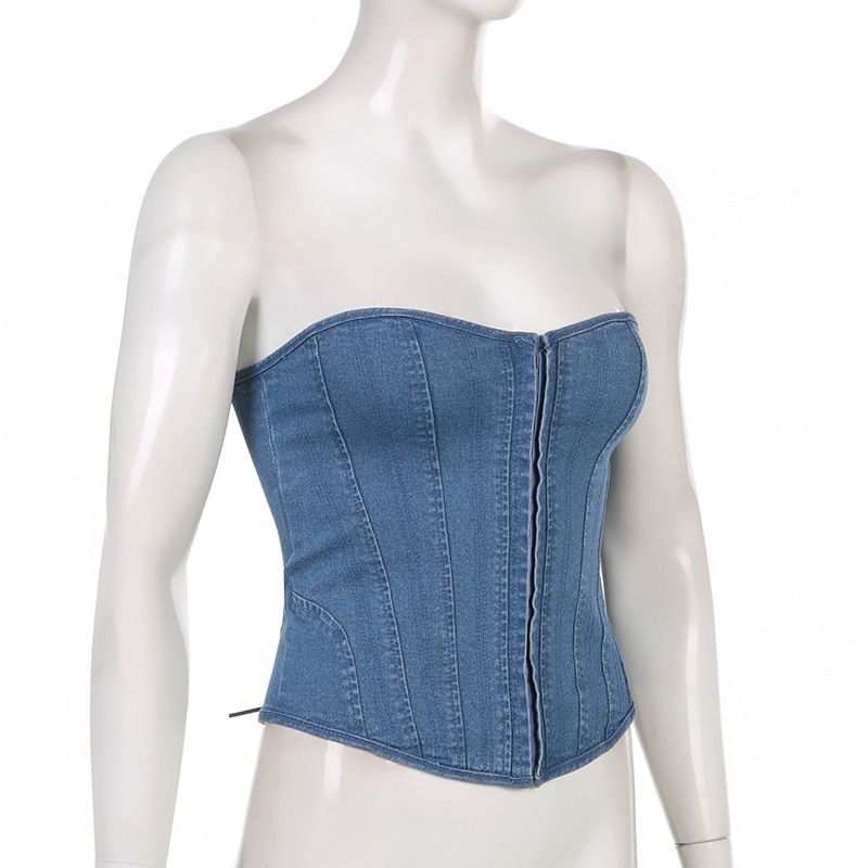 Women's Clothing Sexy Girl Solid Color Single Button Irregular Collar Denim Corset Top_voghion.com