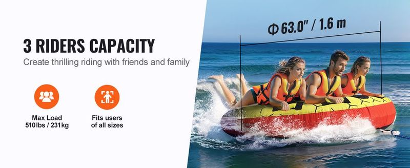 VEVOR Towable Tube For Boating, 1-3 Riders Inflatable Boat Tubes And Towables, 510 Lbs, 63" Round Water Sport Towable Tubes For Boats To Pull, Full Nylon Cover, EVA Grab Handles And Speed Safety Valve_voghion.com