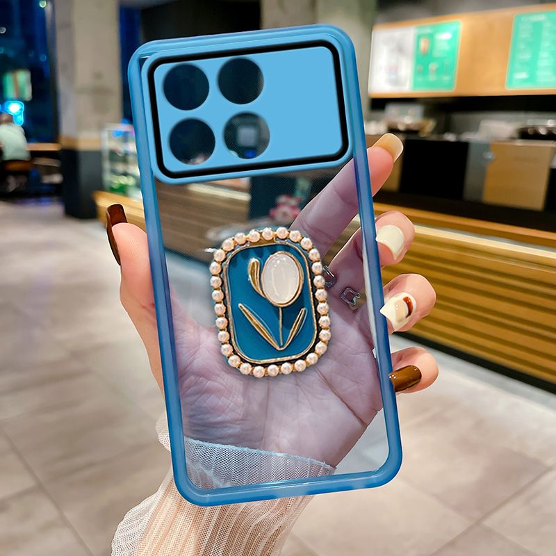 Handyhülle für Poco F6 Pro mit Ständerhalter aus Perlenblumenmuster, vollständiger Kameraschutz, transparente Softcover_voghion.com