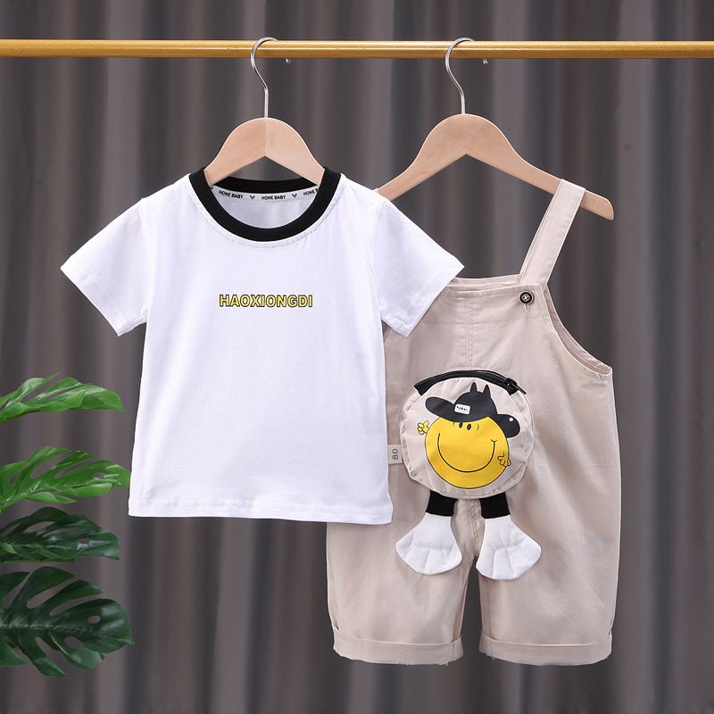 Conjunto de dos piezas de pantalones con banda trasera coreana para bebé de un año de edad, de manga corta y cara sonriente, para verano de 2024_voghion.com