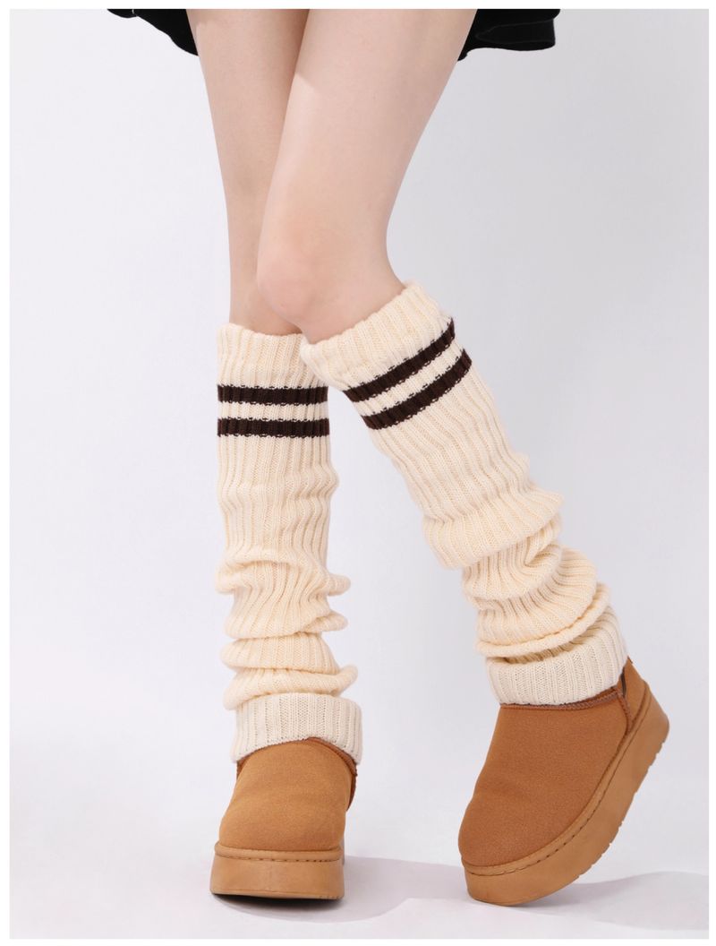Scaldamuscoli autunnali e invernali, calzini extra lunghi in maglia spessa, calzini sopra il ginocchio, stivali da neve, coprigambe, calzini in pile caldo a righe a contrasto JK_voghion.com