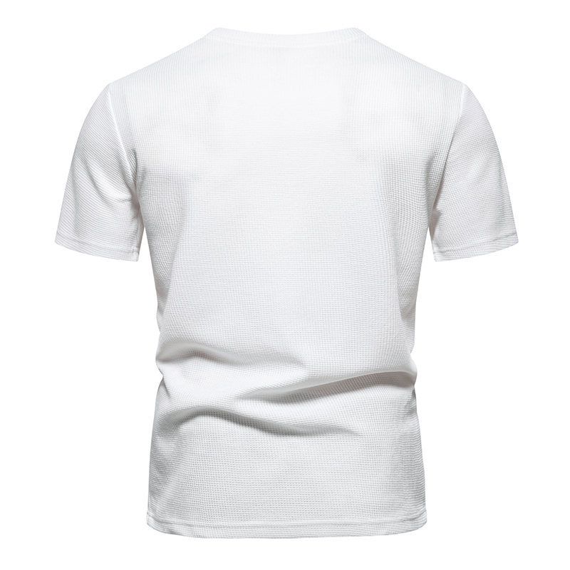 Summer New European Size Solid Color Small V-neck Pocket Panel Men's Short Sleeved T-shirt_voghion.com