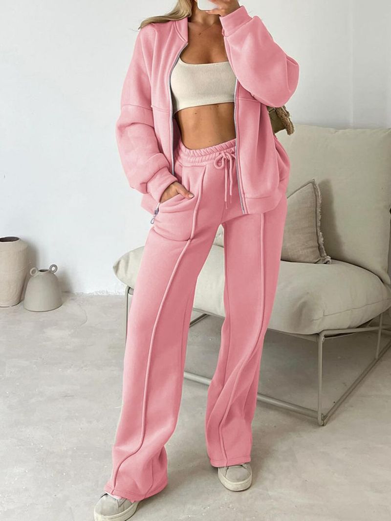 Sportliches Langarm-Trainingsanzug-Set für Damen, einfarbige Jogginghose und Jacke, lässige Streetwear, Polyester-Strickstoff, Schwarz/Pink/Camel/Rot, S-XL_voghion.com