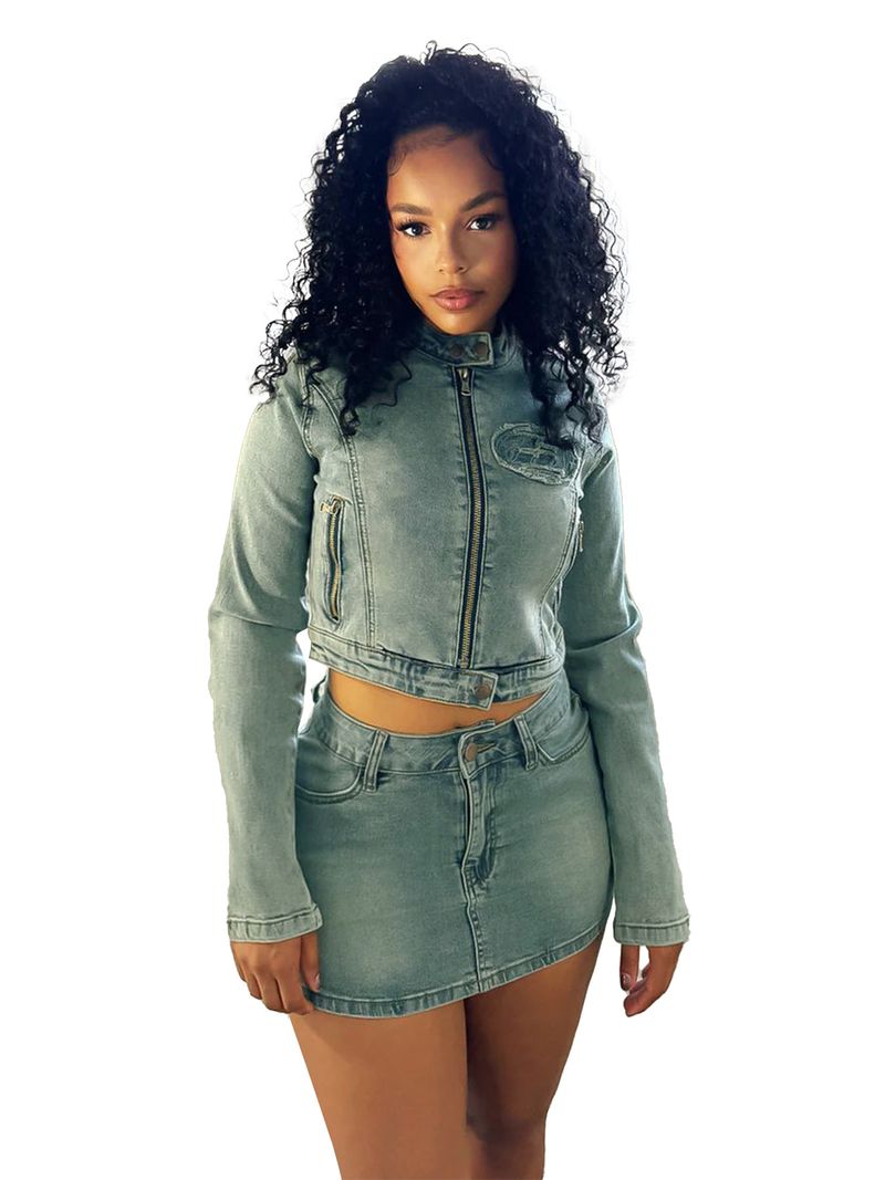 Abito da donna in denim elasticizzato con toppa digitale ricamata, completo due pezzi_voghion.com