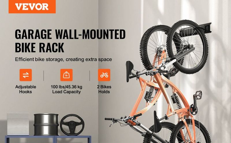 VEVOR Bike Storage Rack, 2 Bike Racks, Wall Mount Bike Storage Hanger, Home And Garage Organizer, Customizable For Various Bike Sizes, Adjustable Holder For Space Saving, Holds Up To 100 Lbs, 17-inch_voghion.com