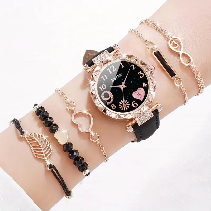 Neuer Stil Damen-Diamant-Zifferblatt Ledergürtel Quarzuhr Perlenarmband-Set 6 Stück/Set_voghion.com
