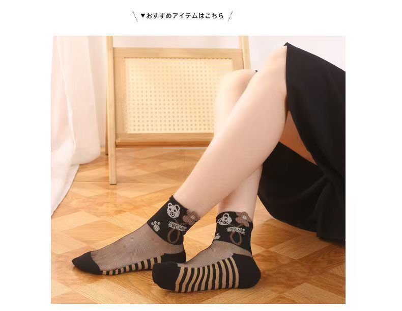 Stockings Short Versatile Breathable Spring Summer Cotton Sole Socks Durable Transparent Crystal Thin Cute Striped Bear_voghion.com