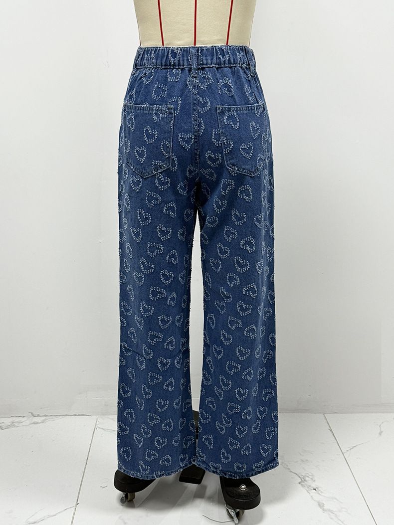 Women’s Clothing Spring New Love Hook Flower Jeans Women's Casual Washed Straight Trousers_voghion.com