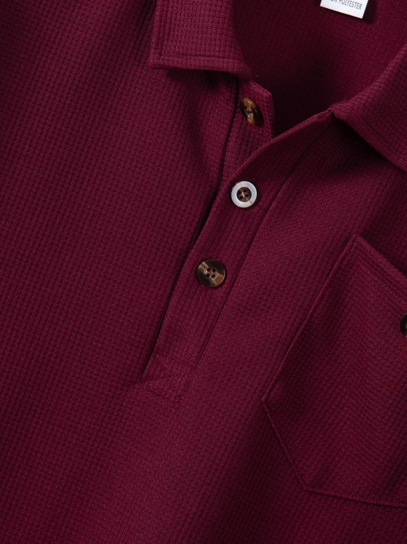 Klassisches Poloshirt aus Waffelstrick – Langarm-Knopfkragen mit Tasche (Khaki/Schwarz/Grau/Weinrot/Grün/Weiß, S-XXXL)_voghion.com