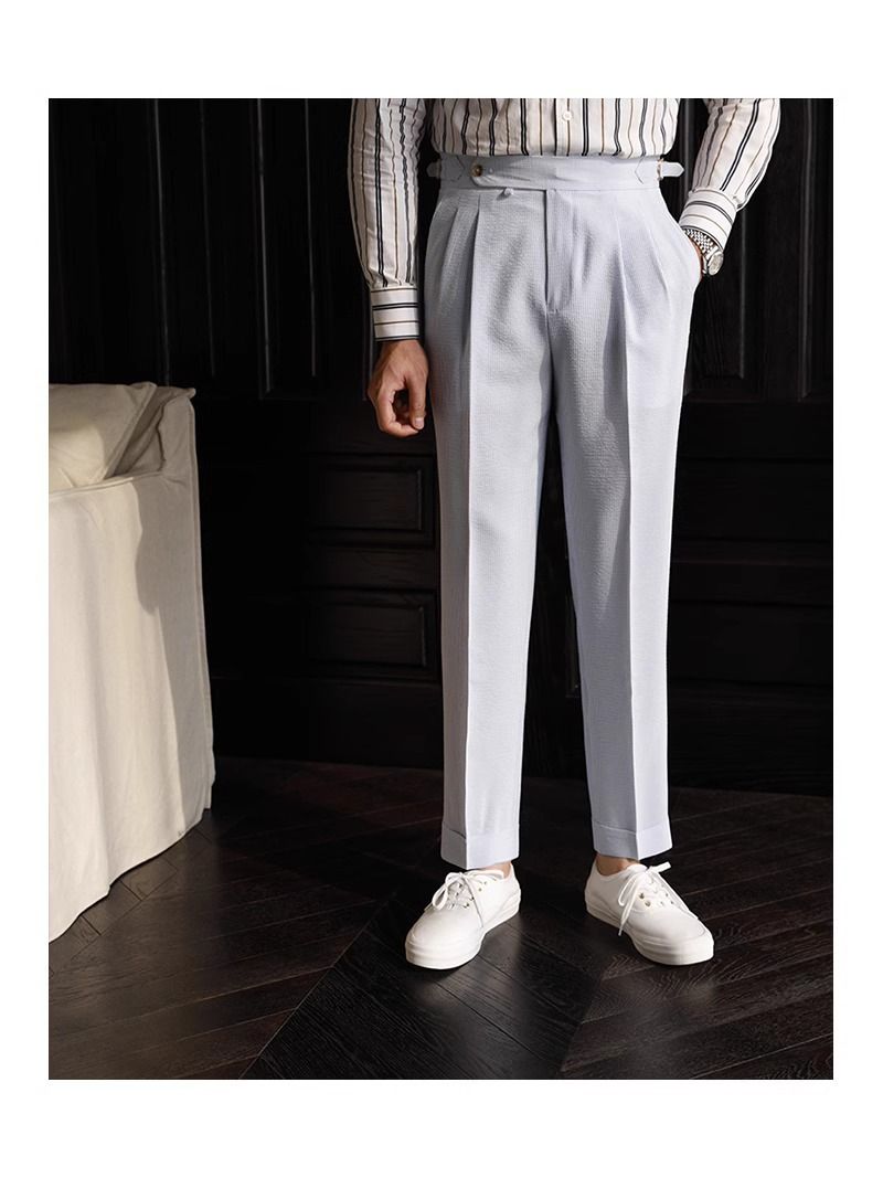 Herren Sommer Seersucker Paris Button Naples Blau Gestreift Hohe Taille Gerades Bein Britische Freizeithose_voghion.com