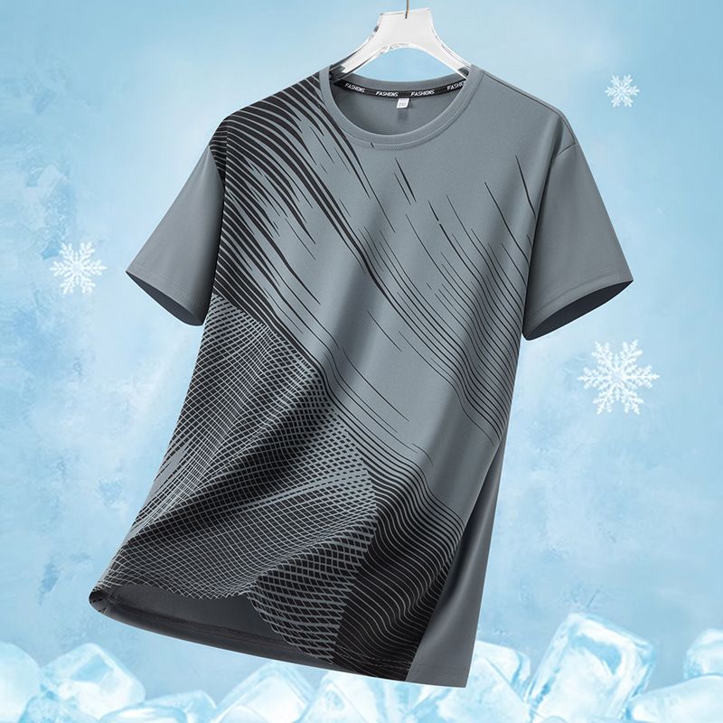 Camiseta de manga corta de seda helada con cuadrícula de líneas para hombre, cuello redondo y media manga de verano._voghion.com
