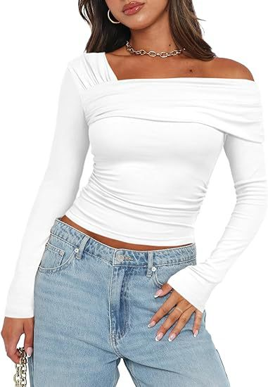 Camicetta da picnic monospalla a maniche lunghe con volant, camicia slim Y2K da donna_voghion.com