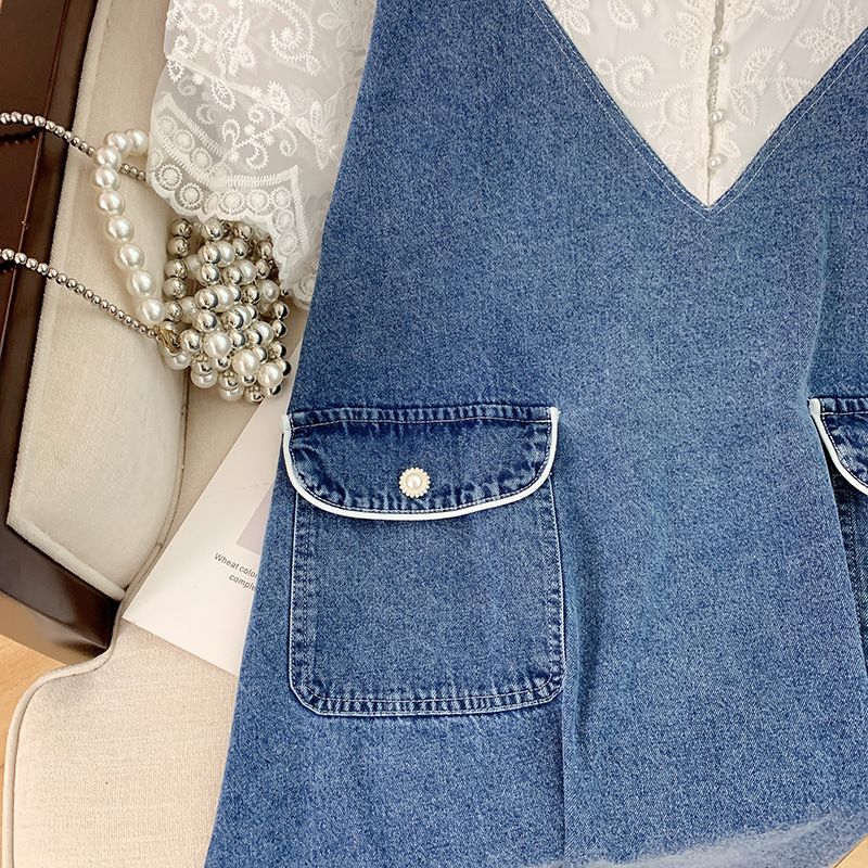 Abbigliamento da donna taglie forti, abito in denim con scollo a V e cuciture in pizzo XX2522_voghion.com