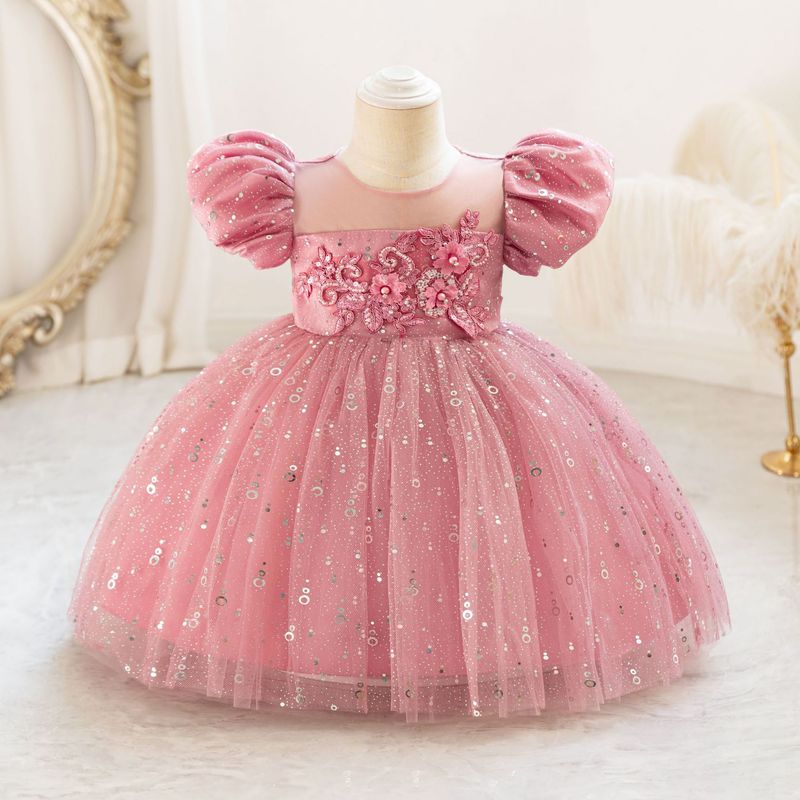 2024 nouvelle robe d'hôte pour enfants robe de soirée pour fille de fleur d'un an robe de princesse florale à manches bouffantes robe en gaze en stock_voghion.com