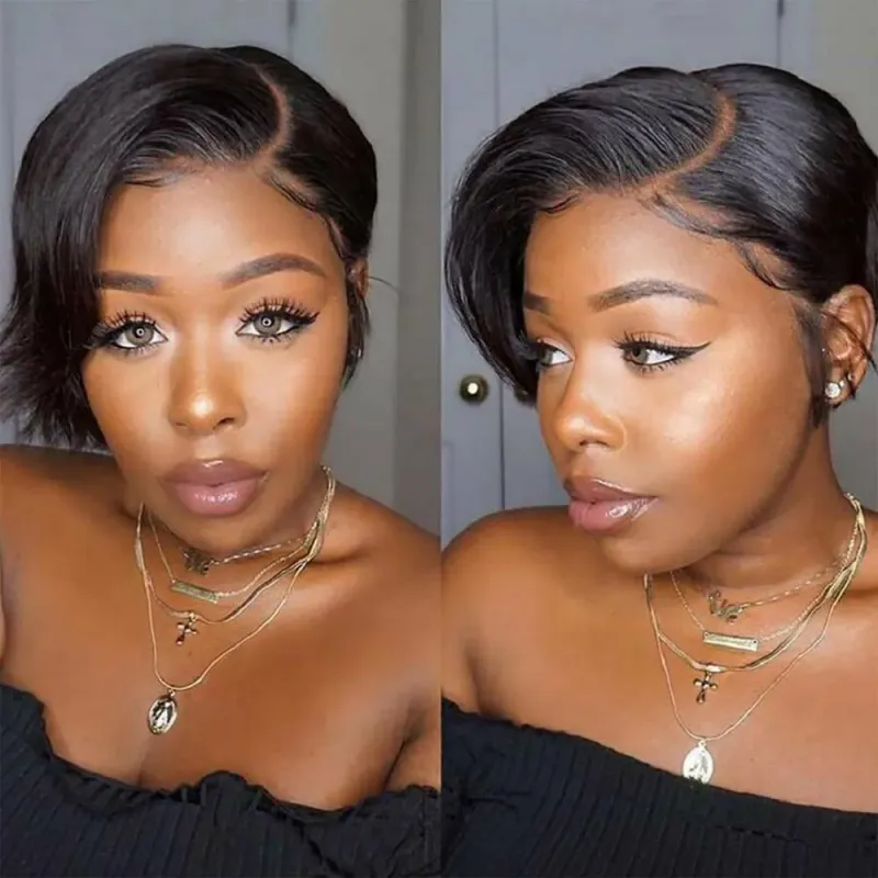 Parrucche corte Pixie Cut Parrucche Bob lisce per capelli umani Parrucche frontali in pizzo trasparente brasiliano per donne Colore naturale_voghion.com