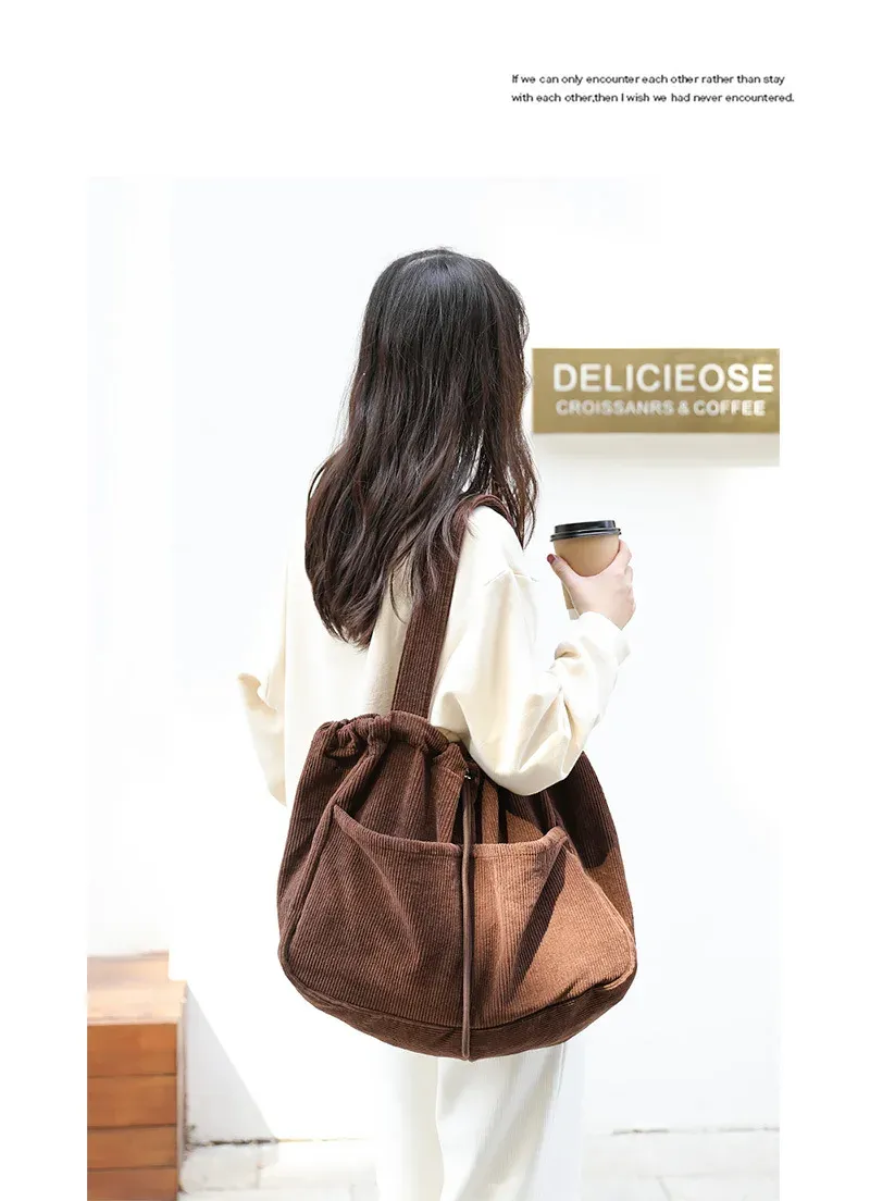 Borse casual semplici Borsa a tracolla in velluto a coste per studenti adolescenti Borsa da donna grande con coulisse Borsa per la spesa da donna_voghion.com