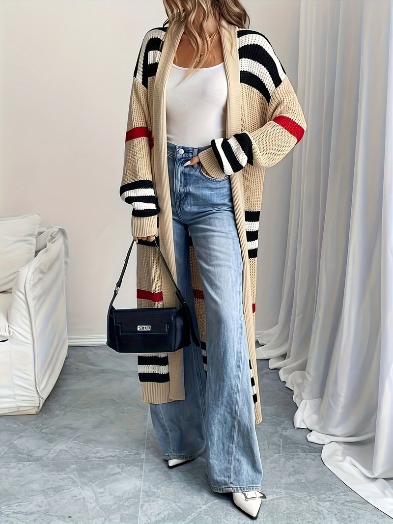 Soft Striped Knit Cardigan - Oversized Open Front Sweater With Color Block Design, Lightweight & Versatile For Women & Men_voghion.com