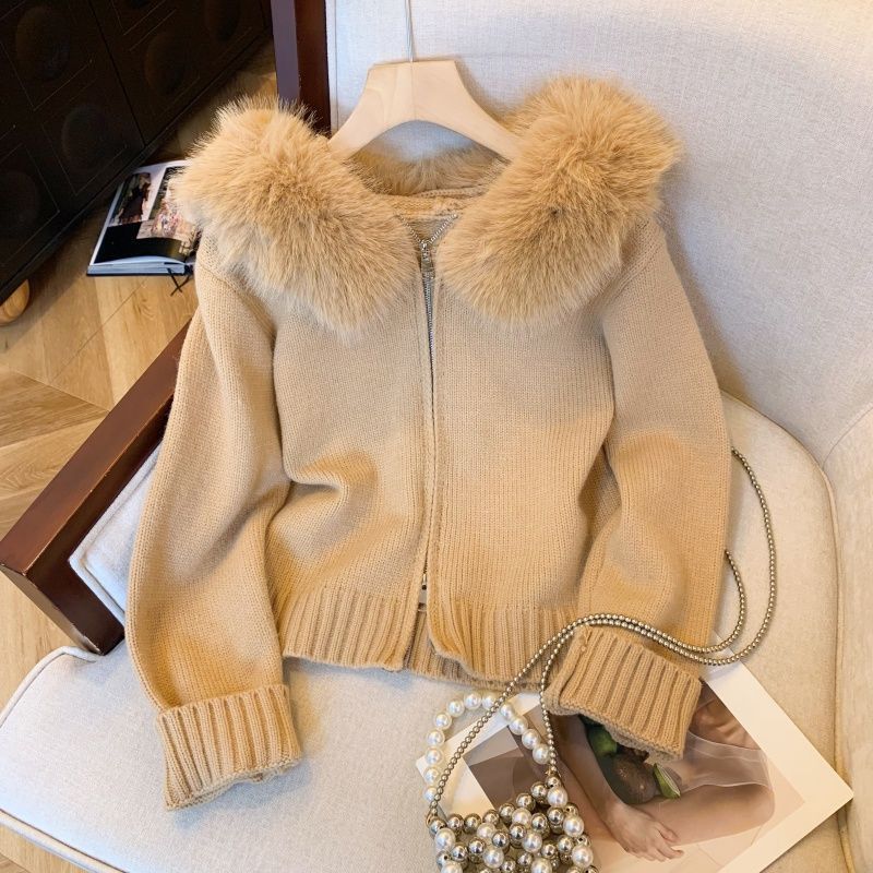 Cardigan in maglia con cappuccio e collo in pelliccia sintetica con doppia cerniera per donna - Capispalla casual a maniche lunghe dalla vestibilità slim_voghion.com